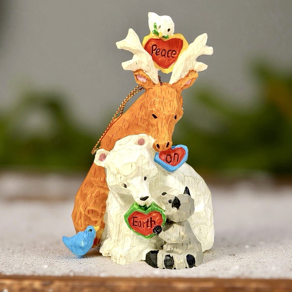 VTG American Greetings Peace On Earth‎ Christmas Ornament Animals Rustic 3 1/2"